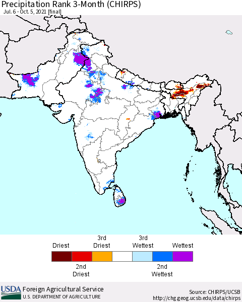 Southern Asia Precipitation Rank since 1981, 3-Month (CHIRPS) Thematic Map For 7/6/2021 - 10/5/2021