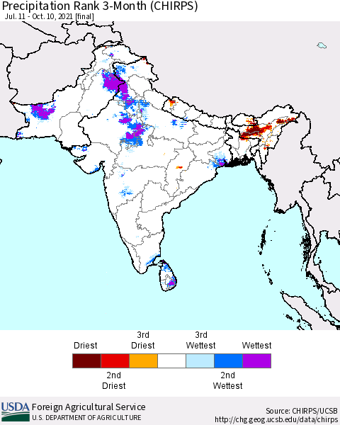 Southern Asia Precipitation Rank since 1981, 3-Month (CHIRPS) Thematic Map For 7/11/2021 - 10/10/2021