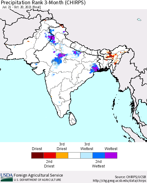 Southern Asia Precipitation Rank 3-Month (CHIRPS) Thematic Map For 7/21/2021 - 10/20/2021