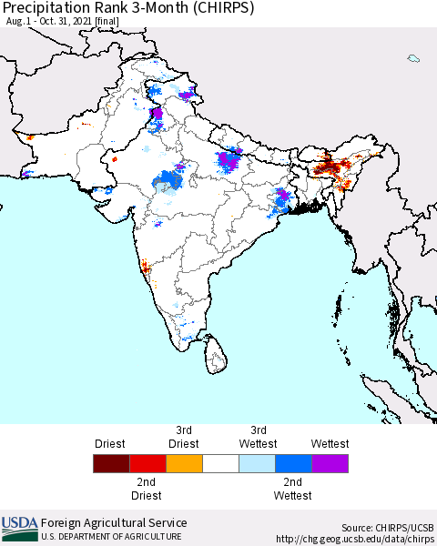 Southern Asia Precipitation Rank 3-Month (CHIRPS) Thematic Map For 8/1/2021 - 10/31/2021