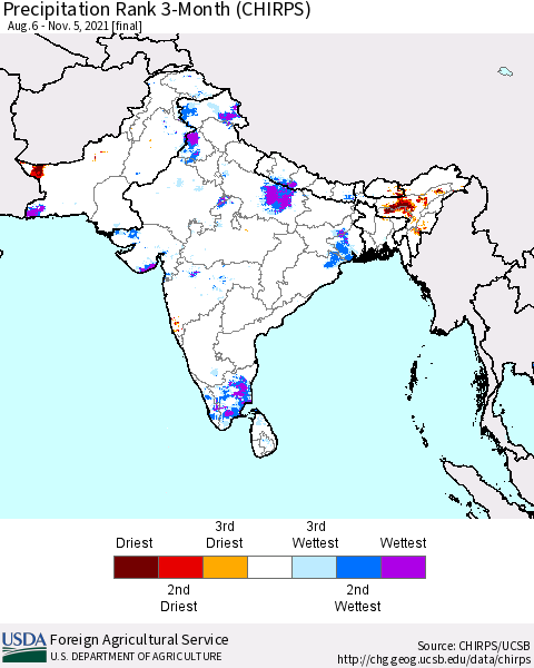 Southern Asia Precipitation Rank 3-Month (CHIRPS) Thematic Map For 8/6/2021 - 11/5/2021