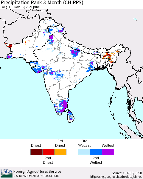 Southern Asia Precipitation Rank since 1981, 3-Month (CHIRPS) Thematic Map For 8/11/2021 - 11/10/2021