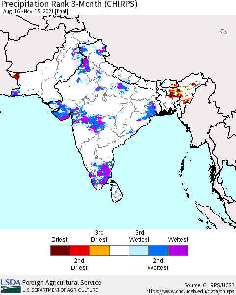 Southern Asia Precipitation Rank 3-Month (CHIRPS) Thematic Map For 8/16/2021 - 11/15/2021