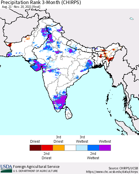 Southern Asia Precipitation Rank since 1981, 3-Month (CHIRPS) Thematic Map For 8/21/2021 - 11/20/2021