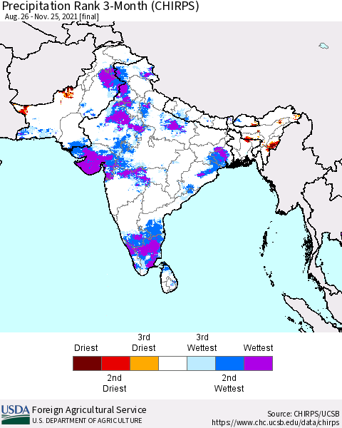 Southern Asia Precipitation Rank 3-Month (CHIRPS) Thematic Map For 8/26/2021 - 11/25/2021