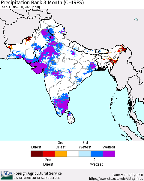 Southern Asia Precipitation Rank 3-Month (CHIRPS) Thematic Map For 9/1/2021 - 11/30/2021