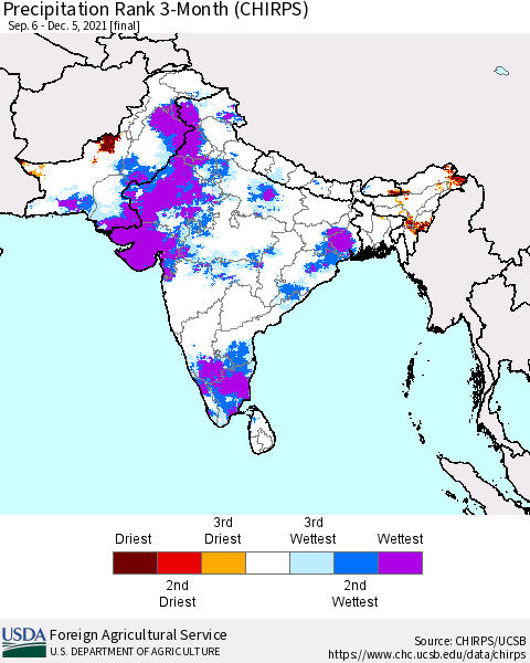 Southern Asia Precipitation Rank 3-Month (CHIRPS) Thematic Map For 9/6/2021 - 12/5/2021