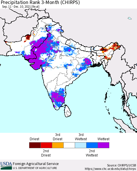 Southern Asia Precipitation Rank 3-Month (CHIRPS) Thematic Map For 9/11/2021 - 12/10/2021