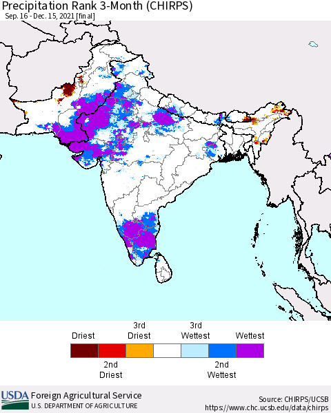 Southern Asia Precipitation Rank 3-Month (CHIRPS) Thematic Map For 9/16/2021 - 12/15/2021