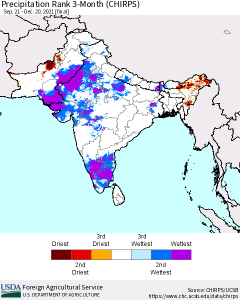 Southern Asia Precipitation Rank 3-Month (CHIRPS) Thematic Map For 9/21/2021 - 12/20/2021