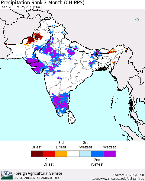 Southern Asia Precipitation Rank since 1981, 3-Month (CHIRPS) Thematic Map For 9/26/2021 - 12/25/2021