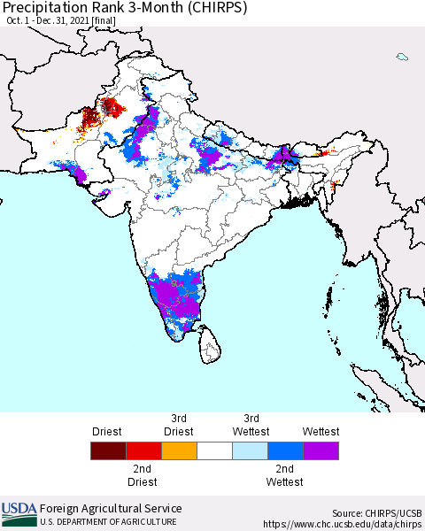 Southern Asia Precipitation Rank 3-Month (CHIRPS) Thematic Map For 10/1/2021 - 12/31/2021