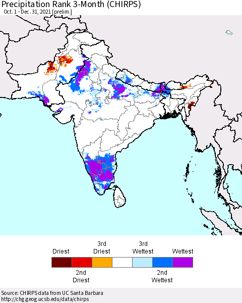 Southern Asia Precipitation Rank 3-Month (CHIRPS) Thematic Map For 10/1/2021 - 12/31/2021
