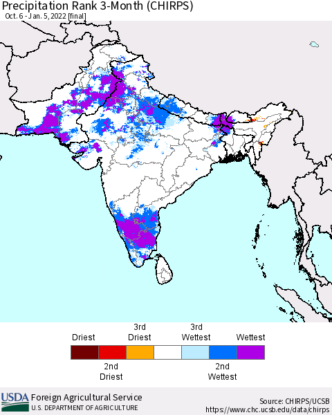 Southern Asia Precipitation Rank 3-Month (CHIRPS) Thematic Map For 10/6/2021 - 1/5/2022