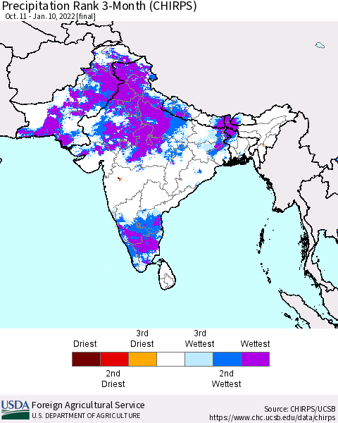 Southern Asia Precipitation Rank since 1981, 3-Month (CHIRPS) Thematic Map For 10/11/2021 - 1/10/2022