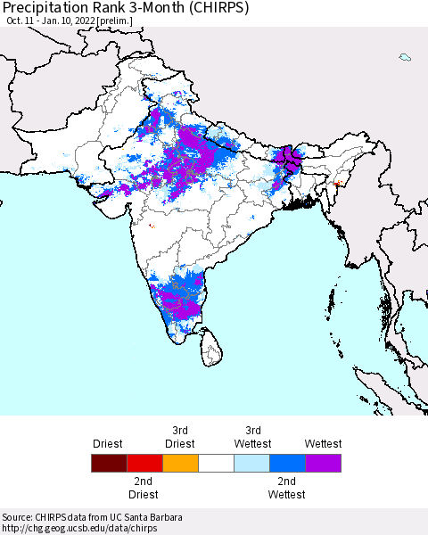 Southern Asia Precipitation Rank 3-Month (CHIRPS) Thematic Map For 10/11/2021 - 1/10/2022