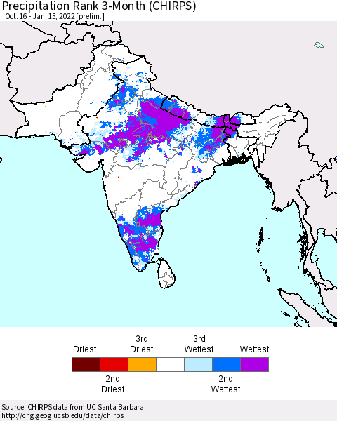 Southern Asia Precipitation Rank 3-Month (CHIRPS) Thematic Map For 10/16/2021 - 1/15/2022
