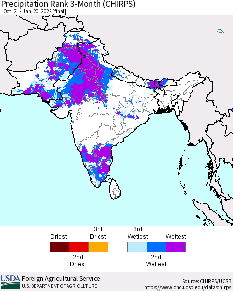 Southern Asia Precipitation Rank since 1981, 3-Month (CHIRPS) Thematic Map For 10/21/2021 - 1/20/2022