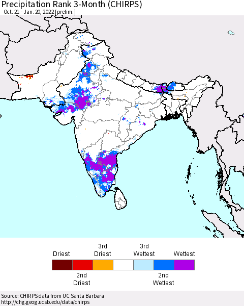 Southern Asia Precipitation Rank 3-Month (CHIRPS) Thematic Map For 10/21/2021 - 1/20/2022