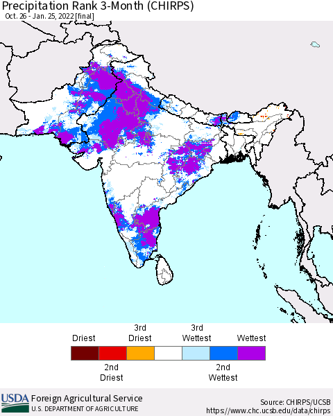 Southern Asia Precipitation Rank since 1981, 3-Month (CHIRPS) Thematic Map For 10/26/2021 - 1/25/2022