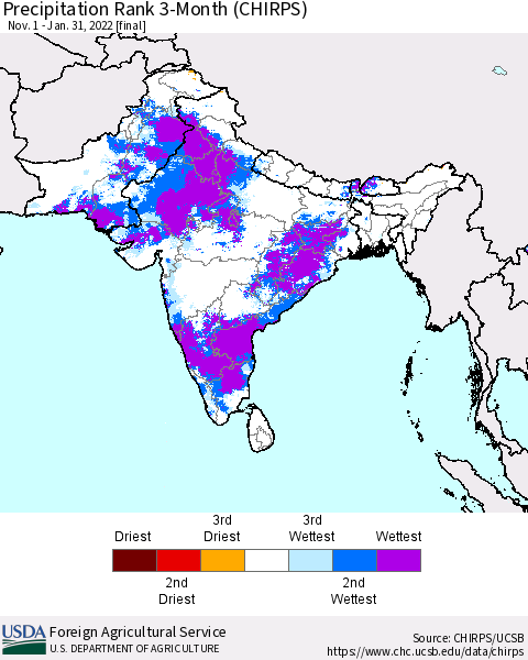 Southern Asia Precipitation Rank 3-Month (CHIRPS) Thematic Map For 11/1/2021 - 1/31/2022