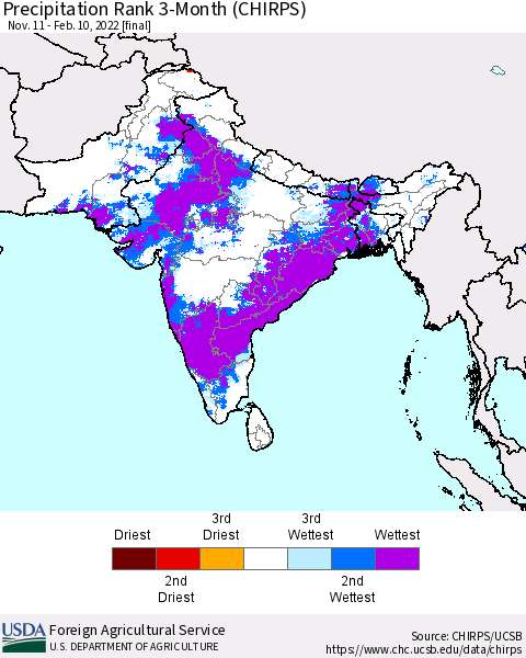 Southern Asia Precipitation Rank 3-Month (CHIRPS) Thematic Map For 11/11/2021 - 2/10/2022