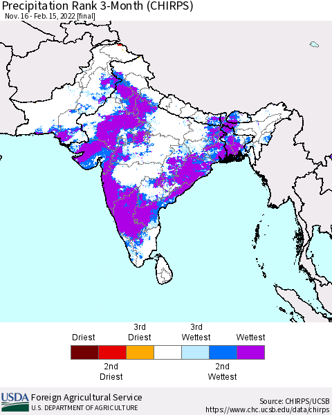 Southern Asia Precipitation Rank 3-Month (CHIRPS) Thematic Map For 11/16/2021 - 2/15/2022
