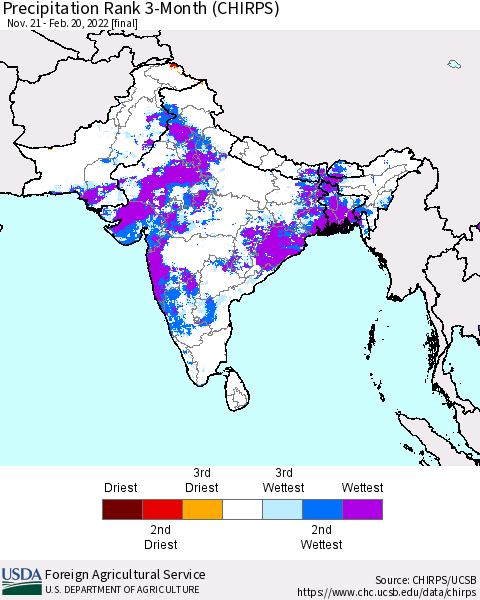 Southern Asia Precipitation Rank since 1981, 3-Month (CHIRPS) Thematic Map For 11/21/2021 - 2/20/2022