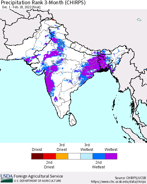 Southern Asia Precipitation Rank 3-Month (CHIRPS) Thematic Map For 12/1/2021 - 2/28/2022