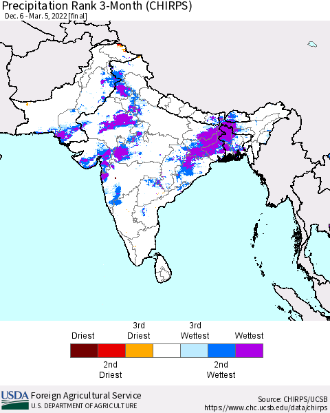 Southern Asia Precipitation Rank 3-Month (CHIRPS) Thematic Map For 12/6/2021 - 3/5/2022