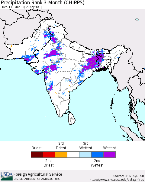 Southern Asia Precipitation Rank 3-Month (CHIRPS) Thematic Map For 12/11/2021 - 3/10/2022