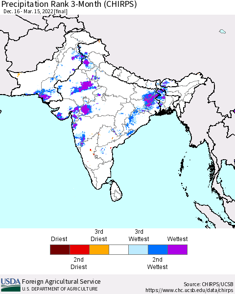 Southern Asia Precipitation Rank since 1981, 3-Month (CHIRPS) Thematic Map For 12/16/2021 - 3/15/2022