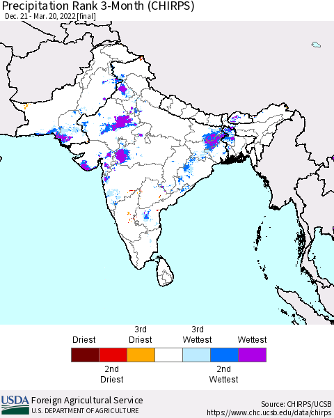 Southern Asia Precipitation Rank 3-Month (CHIRPS) Thematic Map For 12/21/2021 - 3/20/2022