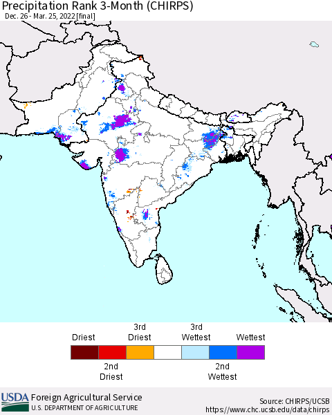 Southern Asia Precipitation Rank 3-Month (CHIRPS) Thematic Map For 12/26/2021 - 3/25/2022