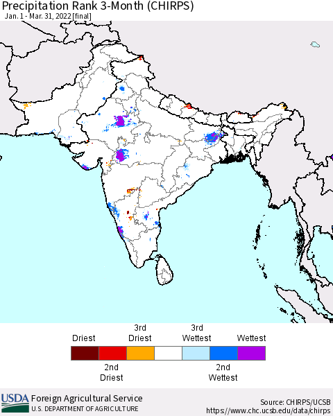 Southern Asia Precipitation Rank 3-Month (CHIRPS) Thematic Map For 1/1/2022 - 3/31/2022