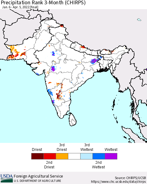 Southern Asia Precipitation Rank 3-Month (CHIRPS) Thematic Map For 1/6/2022 - 4/5/2022