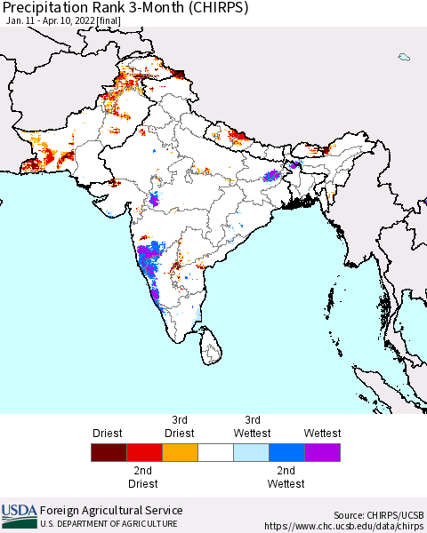 Southern Asia Precipitation Rank 3-Month (CHIRPS) Thematic Map For 1/11/2022 - 4/10/2022