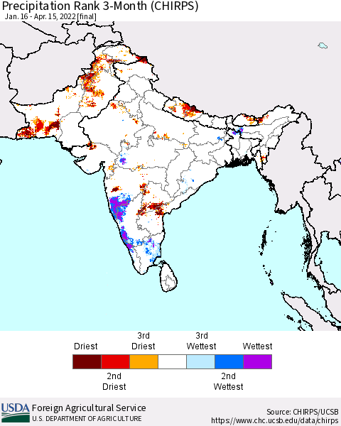 Southern Asia Precipitation Rank 3-Month (CHIRPS) Thematic Map For 1/16/2022 - 4/15/2022