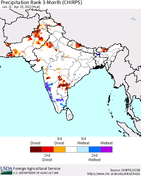 Southern Asia Precipitation Rank 3-Month (CHIRPS) Thematic Map For 1/21/2022 - 4/20/2022