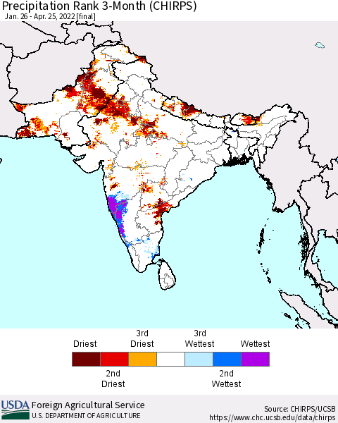 Southern Asia Precipitation Rank since 1981, 3-Month (CHIRPS) Thematic Map For 1/26/2022 - 4/25/2022