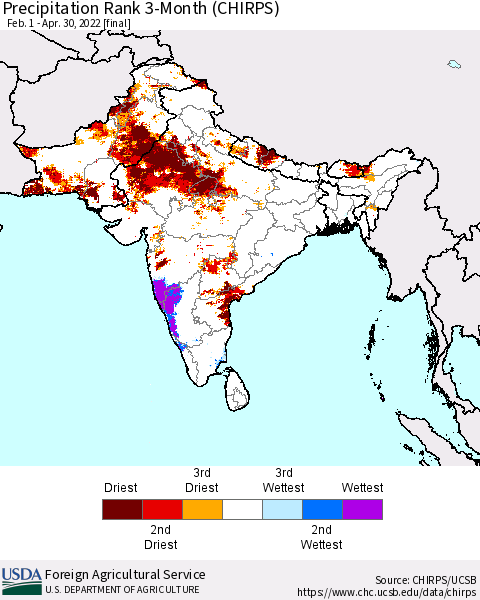 Southern Asia Precipitation Rank since 1981, 3-Month (CHIRPS) Thematic Map For 2/1/2022 - 4/30/2022
