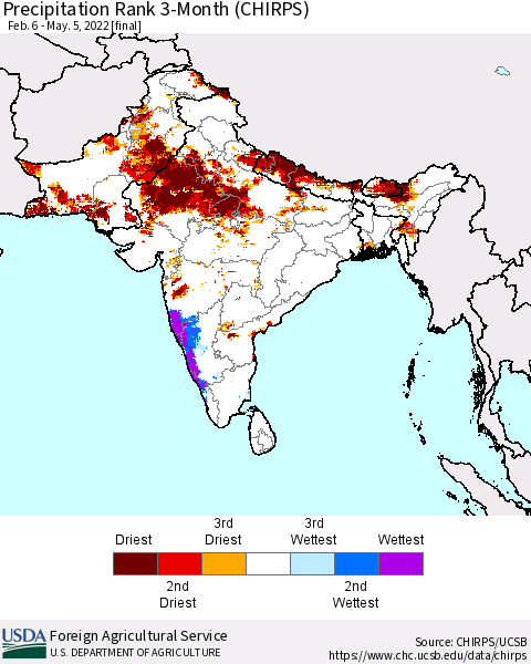 Southern Asia Precipitation Rank 3-Month (CHIRPS) Thematic Map For 2/6/2022 - 5/5/2022
