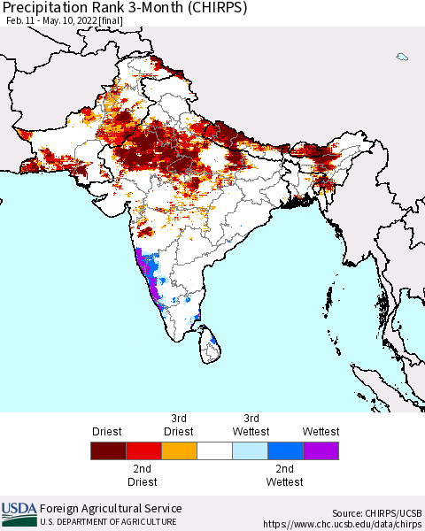 Southern Asia Precipitation Rank 3-Month (CHIRPS) Thematic Map For 2/11/2022 - 5/10/2022