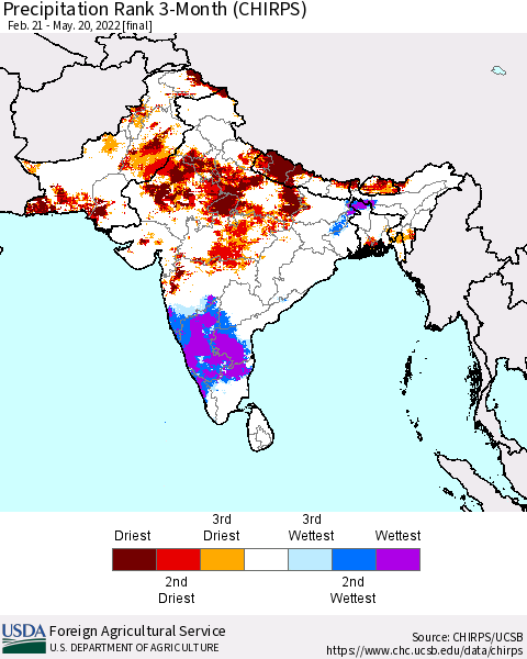 Southern Asia Precipitation Rank since 1981, 3-Month (CHIRPS) Thematic Map For 2/21/2022 - 5/20/2022