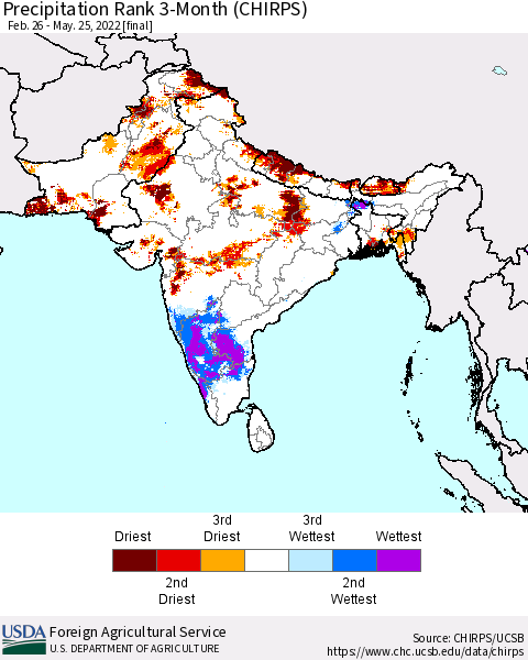 Southern Asia Precipitation Rank since 1981, 3-Month (CHIRPS) Thematic Map For 2/26/2022 - 5/25/2022