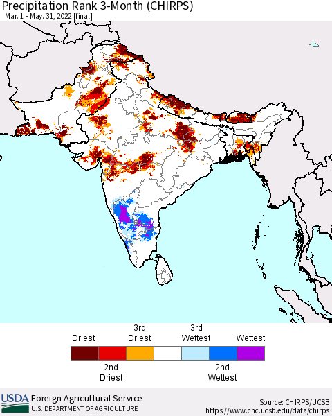 Southern Asia Precipitation Rank 3-Month (CHIRPS) Thematic Map For 3/1/2022 - 5/31/2022