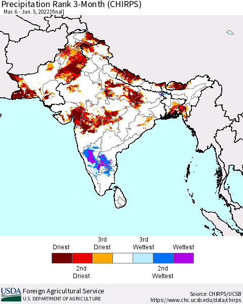 Southern Asia Precipitation Rank 3-Month (CHIRPS) Thematic Map For 3/6/2022 - 6/5/2022