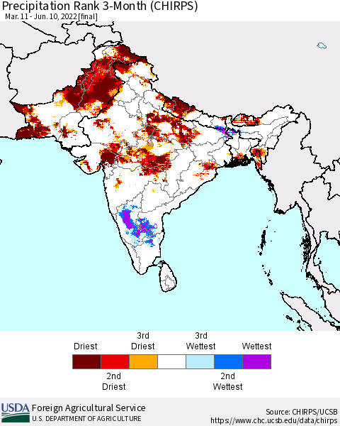 Southern Asia Precipitation Rank 3-Month (CHIRPS) Thematic Map For 3/11/2022 - 6/10/2022
