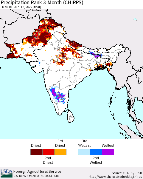 Southern Asia Precipitation Rank 3-Month (CHIRPS) Thematic Map For 3/16/2022 - 6/15/2022