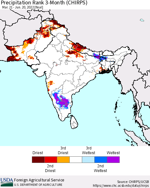 Southern Asia Precipitation Rank since 1981, 3-Month (CHIRPS) Thematic Map For 3/21/2022 - 6/20/2022